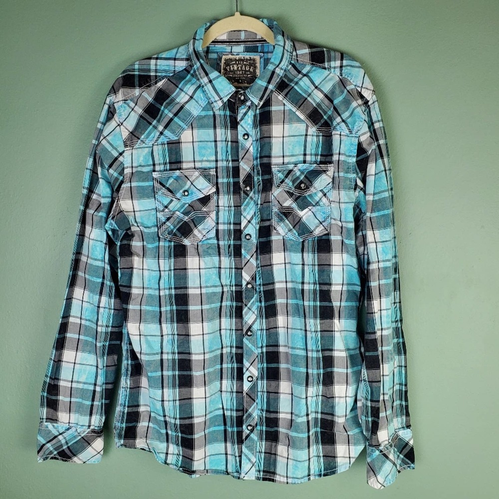 BKE Men's Blue Black White Plaid Snap Long Sleeve Athletic Fit Shirt Size Large